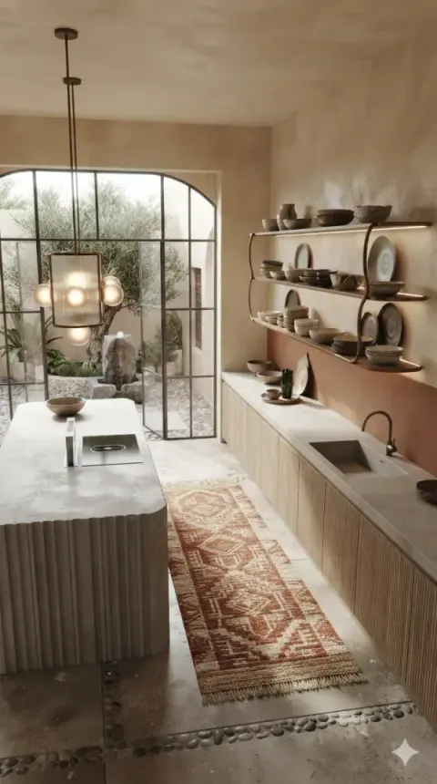 Neutral Kitchen With Courtyard Olive Tree View