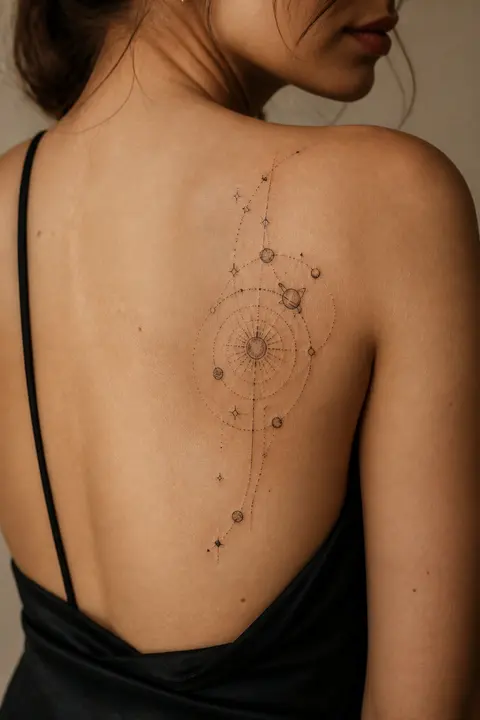 Delicate Celestial Orbit Tattoo: Shoulder Blade Placement