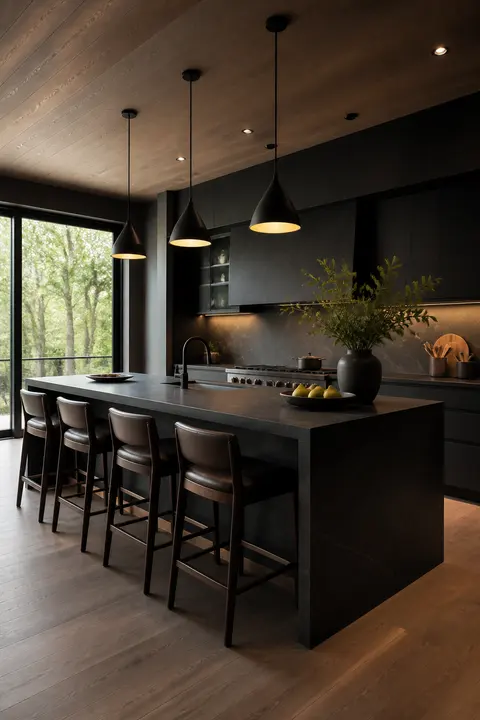 Large Island Seating in Black Stone Kitchen