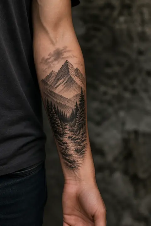 Realistic Mountain Landscape Tattoo on Inner Forearm