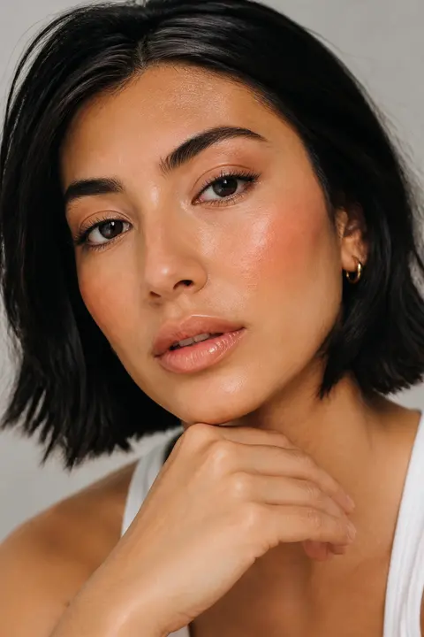 Fresh Skin & Peach Blush: Olive Skin and Dark Bob