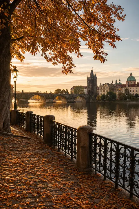 Prague Riverside in Autumn at Golden Hour