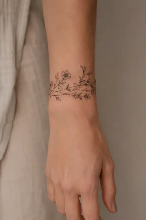 Fine Line Floral Wrist Wrap Tattoo With Wildflowers
