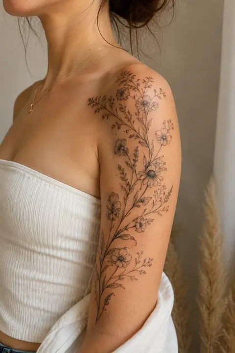 Delicate Meadow Flower Tattoo Flowing Over the Shoulder