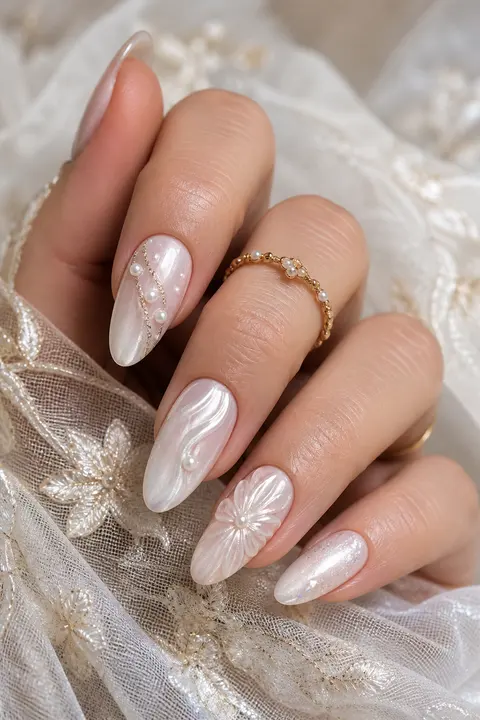 Milky Bridal Pearl Medium Almond Nail Design