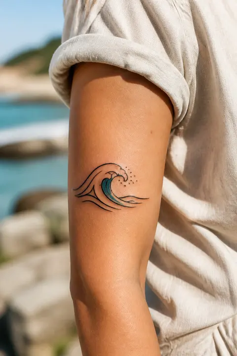 Small Ocean Wave Bicep Tattoo