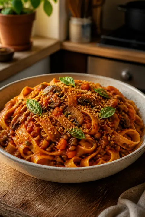 Lentil Mushroom Bolognese with Tagliatelle