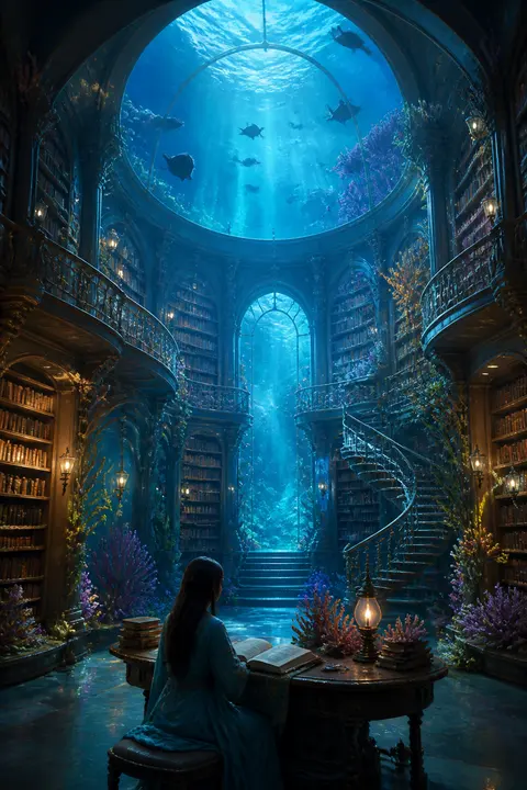 Underwater Library in 3D Render