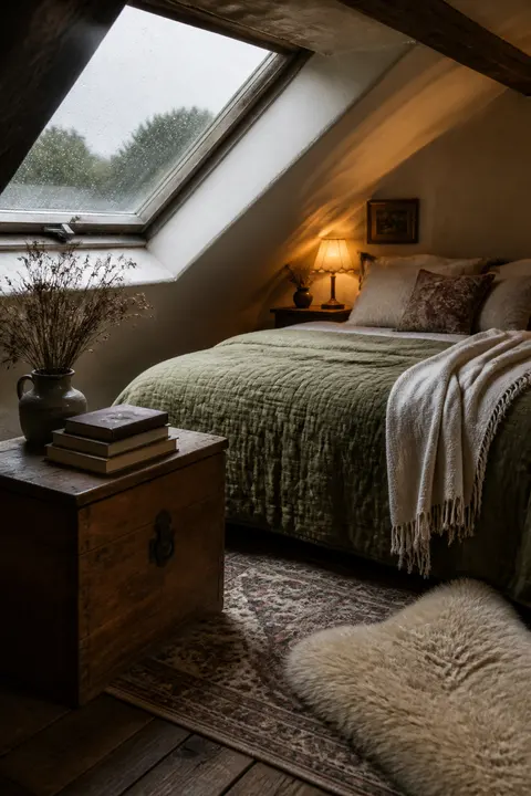 Cozy Attic Bedroom Beneath a Rainy Skylight