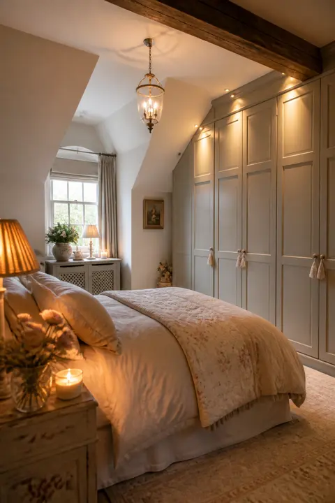 English Cottage Bedroom Featuring Wardrobe and Ambient Light