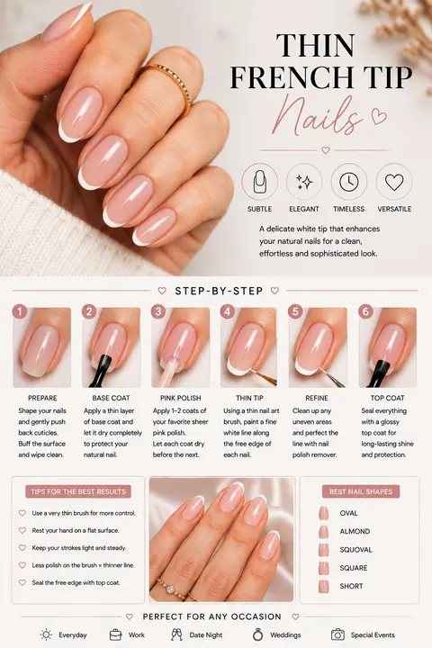 Thin French Tip Nails with Glossy Pink Almond Shape