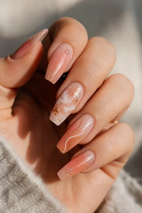 Soft Coffin Peach-Pink Aura Manicure