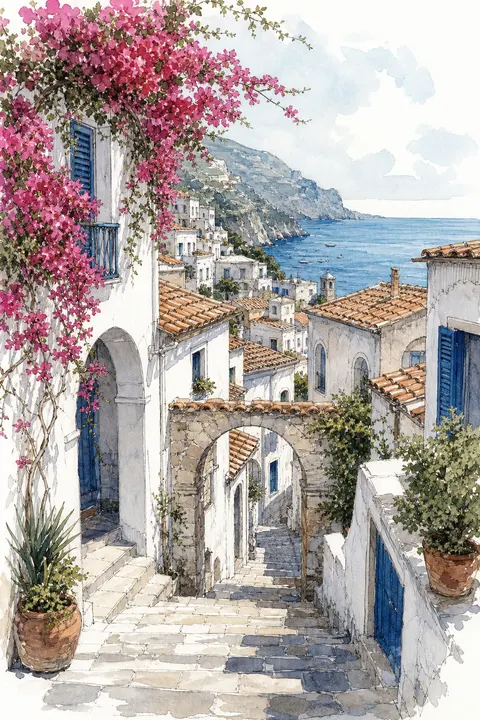 Bougainvillea Lane Above the Mediterranean