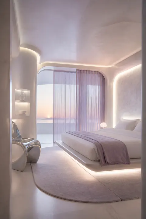 Soft Futurist Bedroom with Floating Bed