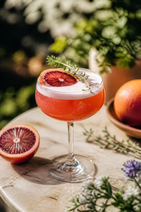 Sunlit Garden Table with Blood Orange Gin Sour