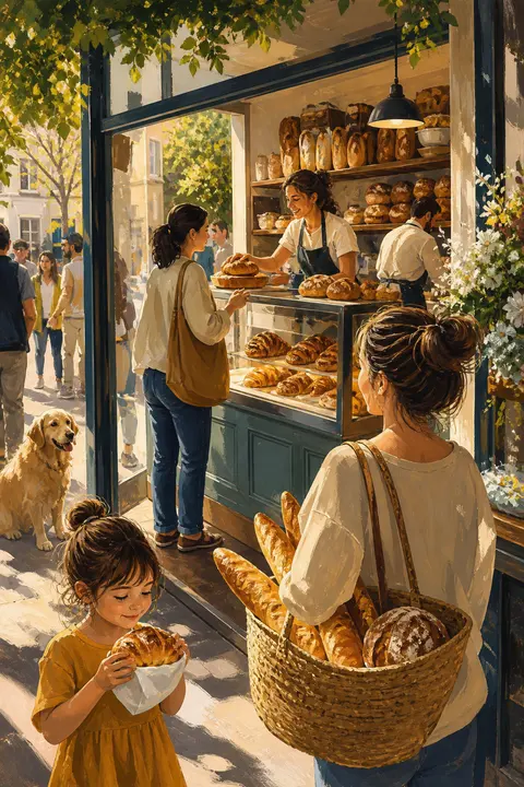 Busy Neighborhood Bakery Morning in Gouache