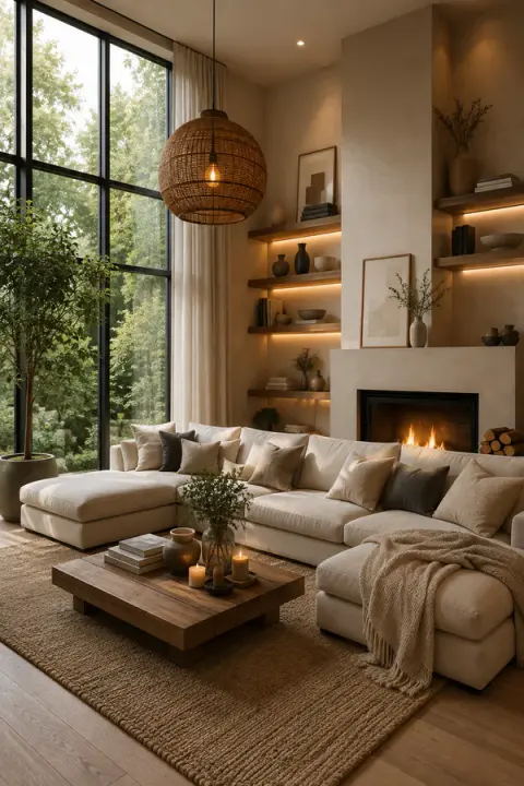 Warm Neutral Living Room With Fireplace and Tall Windows