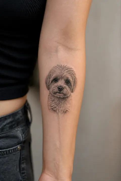 Micro-realism Pet Portrait Tattoo on Inner Forearm