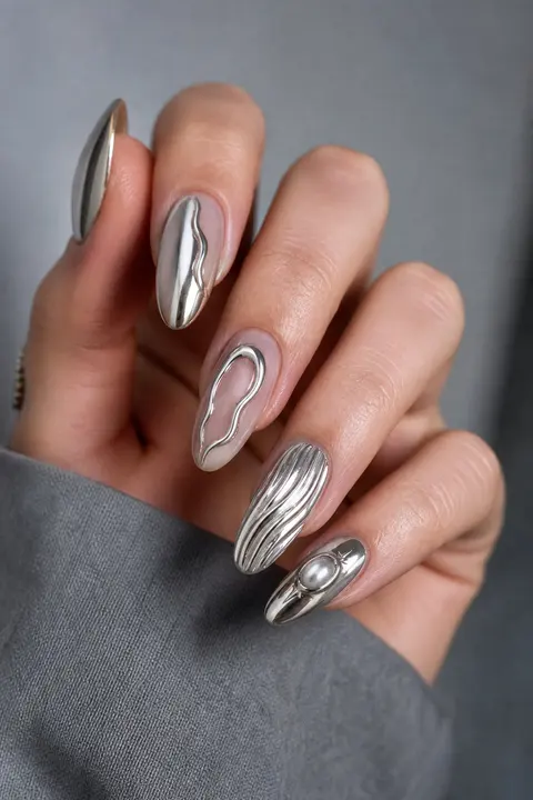 Sculptural Silver Chrome for Long Oval Nails