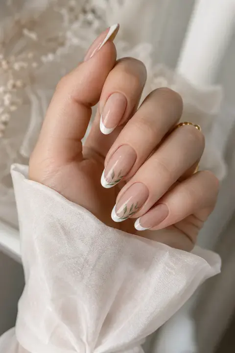 Sheer French Almond Nails with Botanical Accent