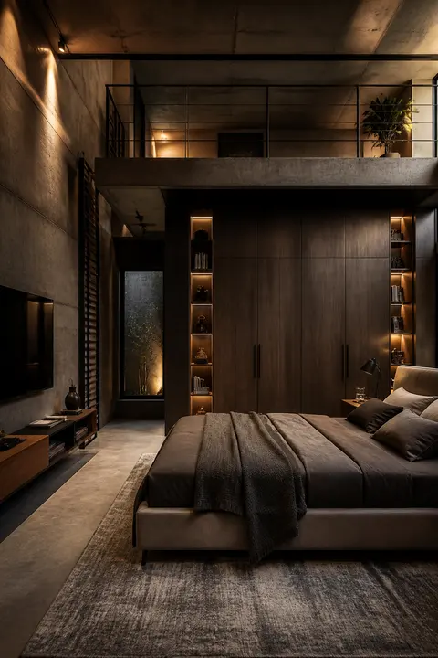 Industrial Loft Bedroom Featuring Wardrobe and Ambient Light