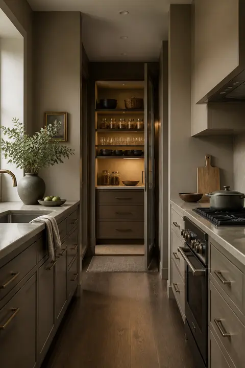 Quiet Luxury Taupe Kitchen with Compact Galley and Pantry