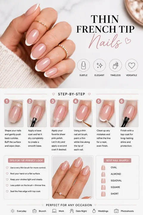 Thin French Tip Nails with Soft Pink Oval Shape