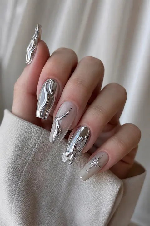Soft Coffin Sculptural Silver Chrome Manicure