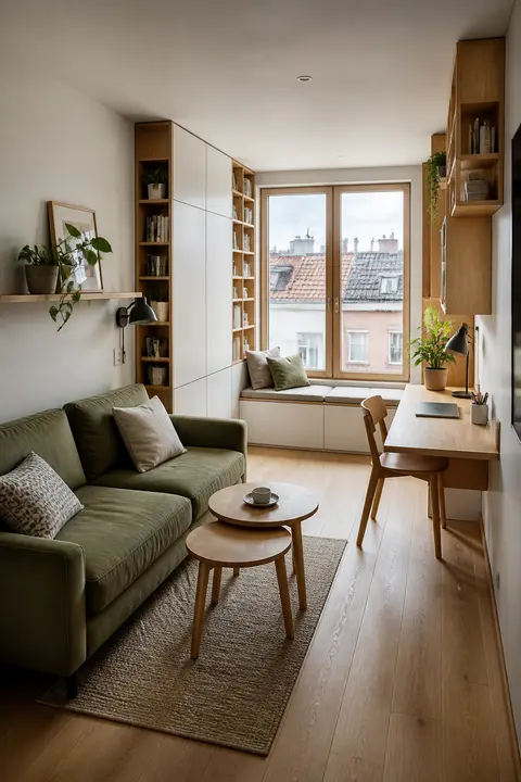 Compact City Living Room with a Window Desk