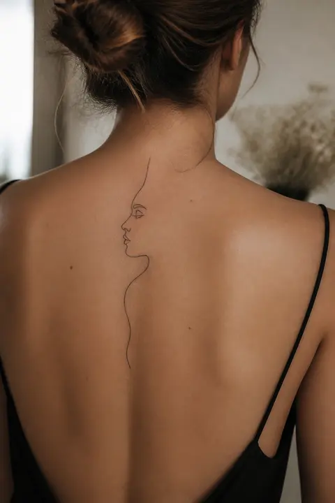 Upper Back Placement — Minimal Single-line Profile Tattoo