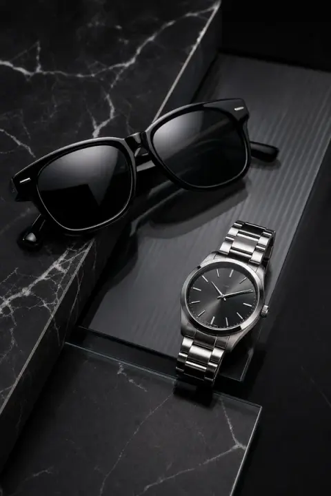 Black Sunglasses and Steel Watch