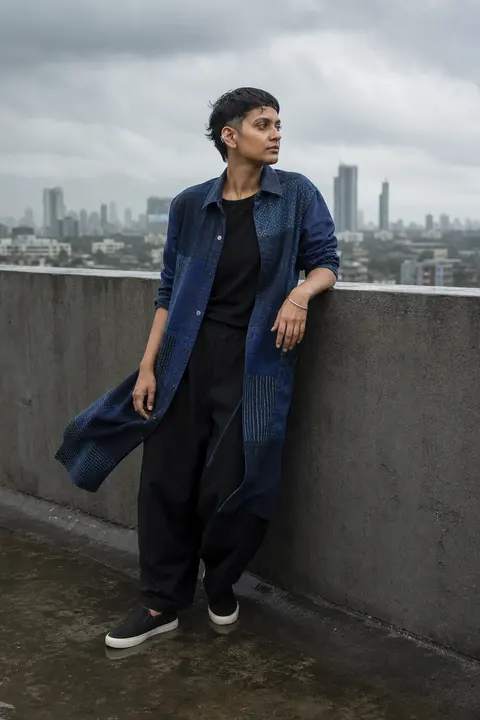 Indigo Duster over Wide Black Trousers