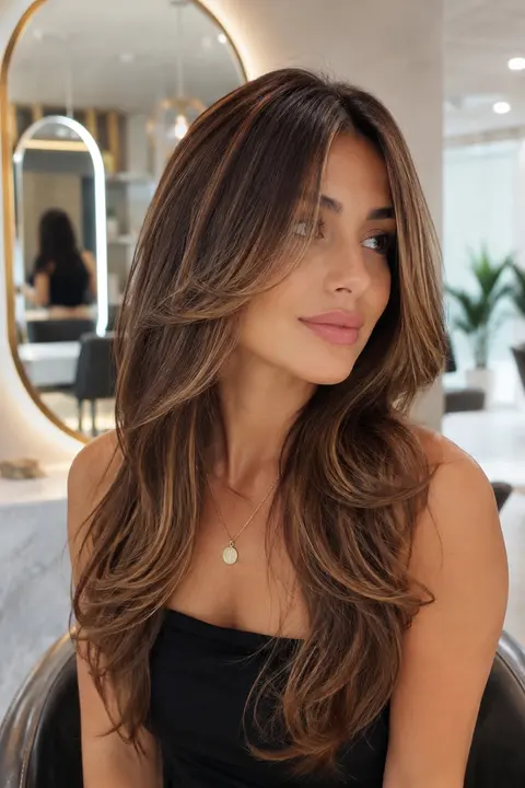 Caramel Face-Framing Layers on Long Brunette Hair