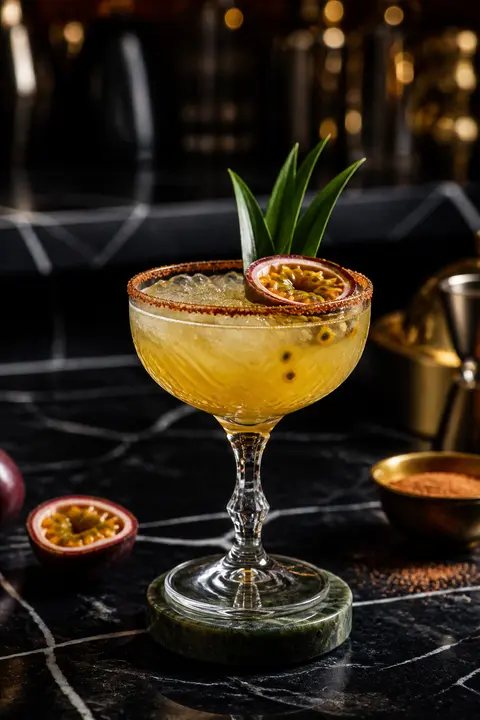 Passion Fruit Mezcal Margarita at a Moody Marble Bar