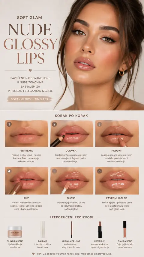 Nude Glossy Lips with Soft Glam Makeup