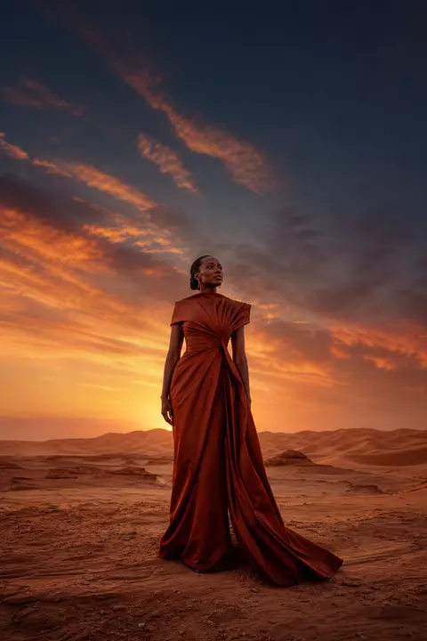 Rust Draped Gown at Desert Sunset