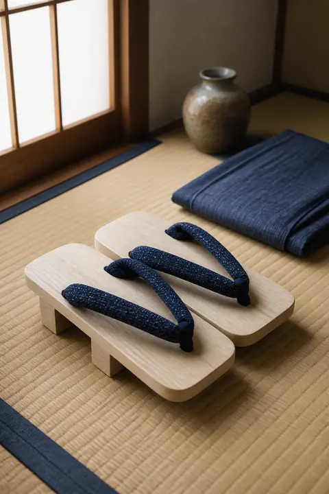 Wooden Geta Sandals with Indigo Straps