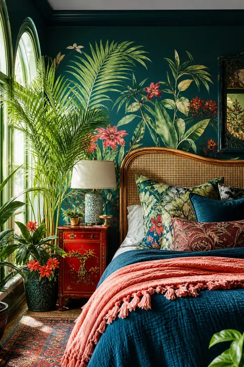 Teal Botanical Bedroom with Cane Headboard