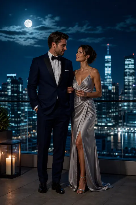 Midnight Tuxedo and Silver Satin Gown