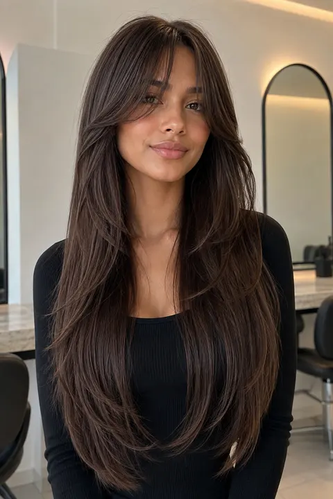 Extra-Long Brunette Layers with Curtain Bangs