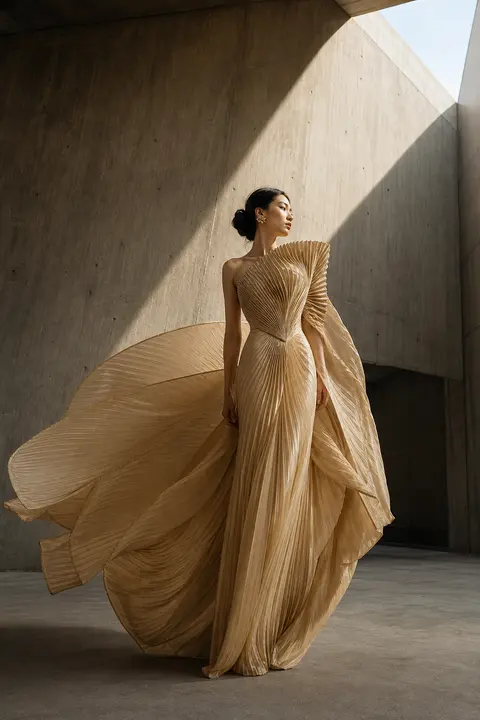 Sculptural Gold Pleated Couture Gown