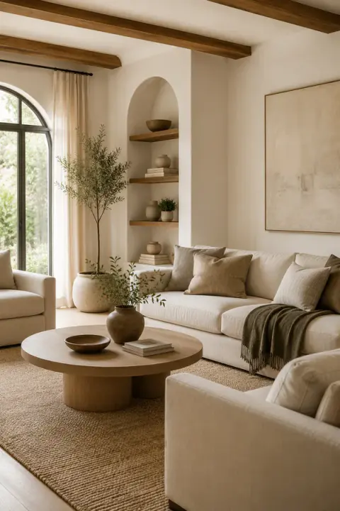 Warm Neutral Living Room with Arched Window