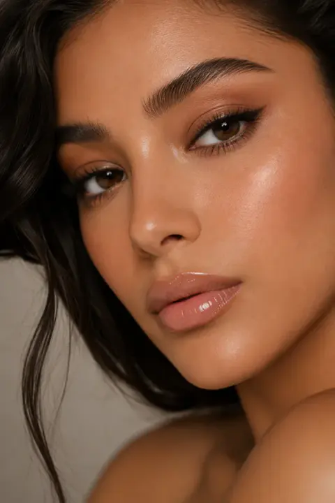 Bronze Brown Cat Eye with Dewy Peach Skin