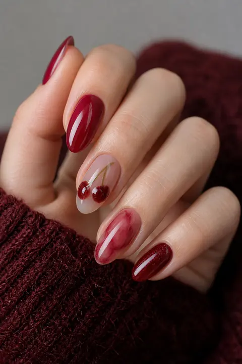 Translucent Cherry Glaze Medium Almond Nail Design