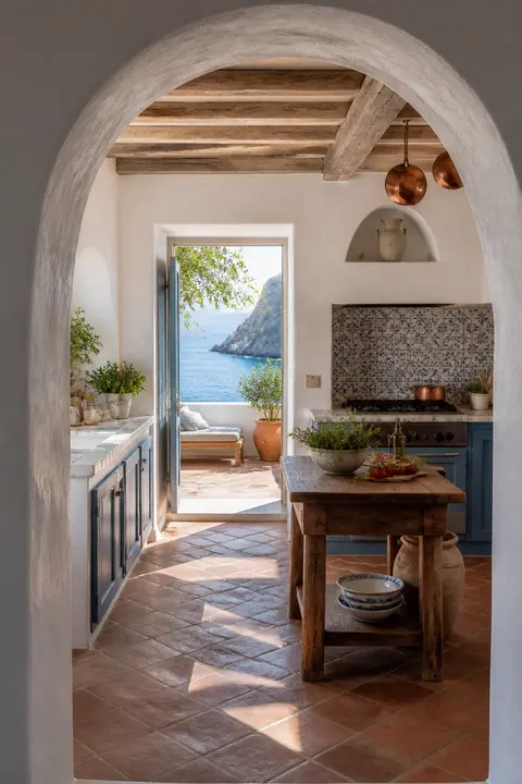 Coastal Mediterranean Kitchen with Blue Tile