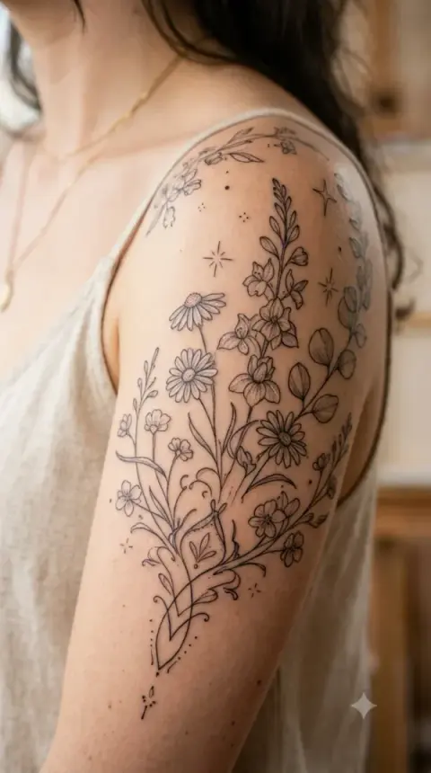 Daisy & Wildflower Shoulder Tattoo