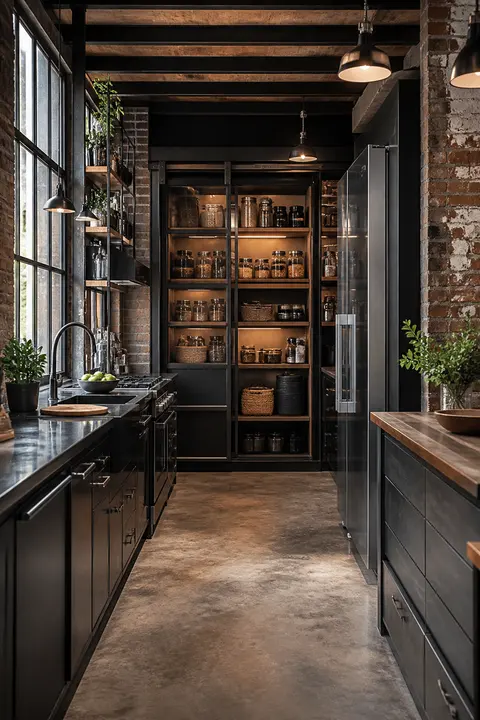 Brick & Steel Kitchen with Compact Galley and Pantry