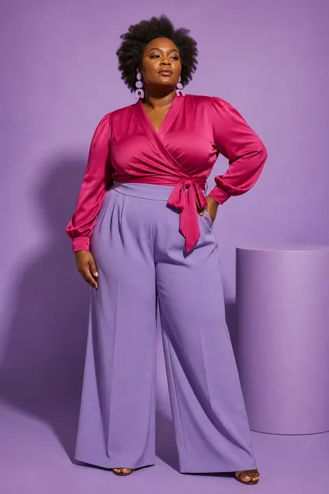 Fuchsia Wrap Blouse with Lavender Trousers