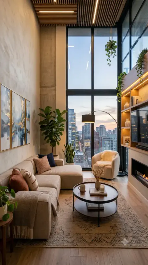 Cozy Loft Living Room With Arc Floor Lamp