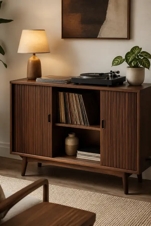 Walnut Tambour-Door Record Console